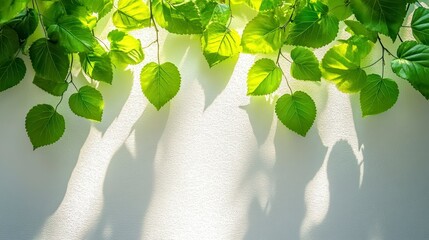 Wall Mural - Vibrant Green Leaves and Sunlight on a White Wall