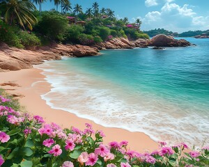 Idyllic tropical beach with pink flowers.