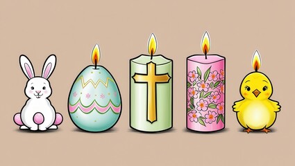 Wall Mural - Festive Easter Candles Bunny Chick Egg Spring Holiday Illustration