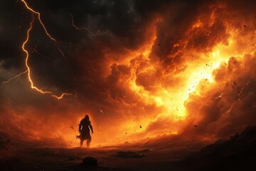 a furious storm scene, with a lone figure shouting into the wind as lightning strikes in the backgro