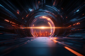 Poster - A futuristic depiction of a glowing city skyline at dawn, with a single beam of light rising into the sky, symbolizing hope and progress