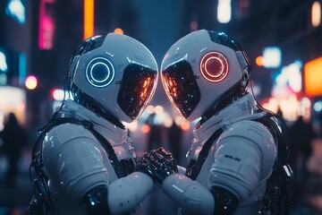 Poster - A futuristic depiction of two humanoid robots holding hands in a glowing, neon-lit cityscape, their metallic frames radiating warmth and light
