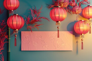 Poster - hyper realistic detailed, and blank banner template with text , Mid Autumn Festival , hyper smooth 