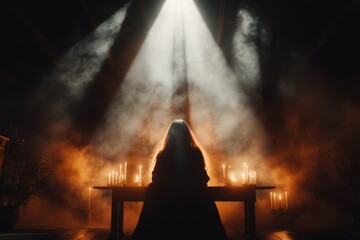 Poster - A gothic depiction of a mysterious figure smiling warmly in a dark, candlelit hall, surrounded by an aura of intrigue and subtle joy