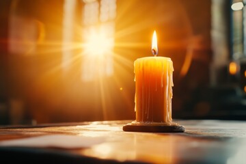 Poster - A gothic-style depiction of a single candle burning brightly in an ornate, dark chamber, with soft light reflecting off its intricate surroundings