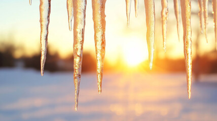 Wall Mural - transparent icicles hanging against a blurred golden sunset over a winter landscape create a magical
