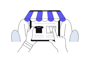 Wall Mural - person holding tablet points at online shopping screen with blue-and-white striped awning. ideal for e-commerce, digital marketplaces, online shopping, business strategy, consumer behavior, seo