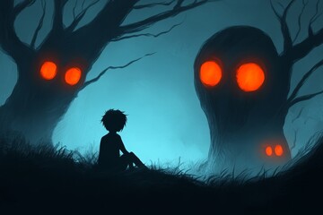Poster - A haunting depiction of a figure sitting in a dark forest, nervously glancing at glowing red eyes emerging from the surrounding shadows