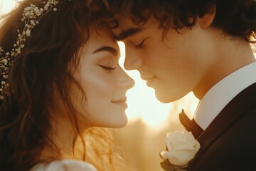 Poster - A hyper-realistic close-up of a couple sharing a tender moment, their faces touching, with intricate details of their expressions and soft light highlighting their emotions