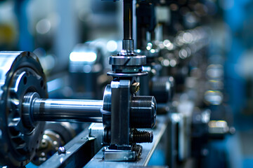 Poster - Detailed view of a modern machine part in an industrial setting with selective focus