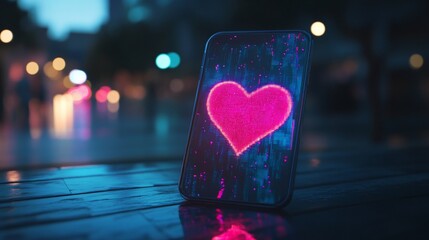 Poster - Glowing heart symbol on a mobile phone screen on a dark night city background