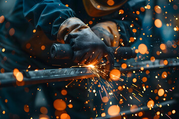 Poster - Industrial worker cutting metal with angle grinder