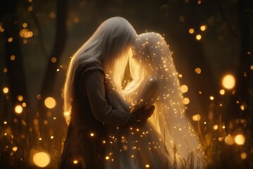 Poster - A magical scene of two glowing, ethereal beings embracing in a mystical forest, with fireflies and soft golden light surrounding them
