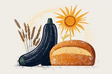 Poster - A minimalist depiction of a zucchini and a loaf of bread side by side, illustrated with simple, bold shapes and earthy tones
