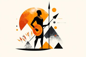 Poster - A minimalist flat design of a Zulu warrior holding a shield and spear, drawn in bold geometric shapes and earthy tones