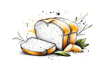 Poster - A minimalist line art of a sliced zucchini bread loaf, with clean black outlines and soft beige and green accents on a white background