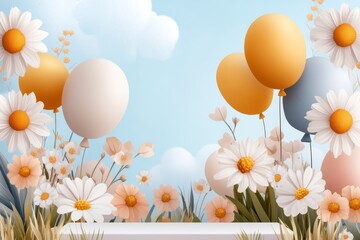 Poster - A pixel art depiction of a sunny park with tiny smiling characters, balloons, and pixelated flowers swaying in the breeze