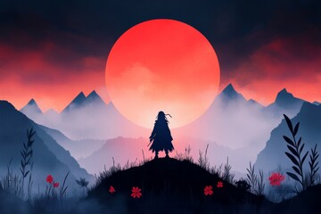 Poster - A pixel art scene of a small character standing on a hill under a rising sun, surrounded by pixelated flowers and a vibrant sky filled with warm tones