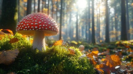 Canvas Print - Autumn forest mushroom, sunlit moss, fall leaves