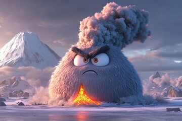 Poster - A playful depiction of a volcano erupting, with an angry face drawn into the smoke and lava spilling dramatically, all set on a clean white canvas