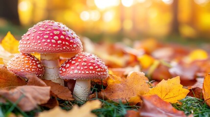 Canvas Print - Autumn forest mushrooms, fall leaves, sunlight