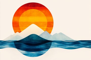Aufkleber - A simple geometric design of a rising sun over a calm horizon, rendered in pastel hues of yellow, orange, and blue