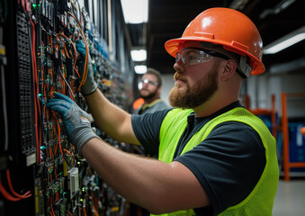 Poster - Engineers installing wiring in technical environment