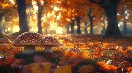 Wall Mural - Autumn forest mushrooms sunlight leaves background