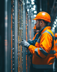 Poster - Engineers installing wiring in safety gear, focused on work