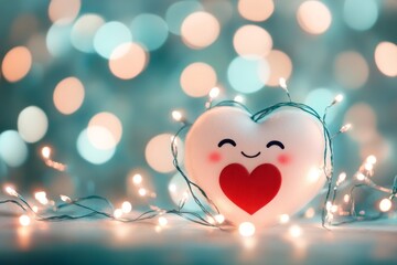 Poster - A simple illustration of a heart with a smiling face, surrounded by soft, glowing lines that symbolize joy
