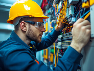Poster - Electrical engineer working on wiring project with focus