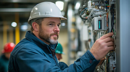 Poster - Engineers collaborating on wiring project in facility