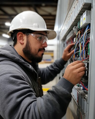 Poster - Skilled technician installing electrical wiring in control panel