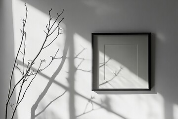 Poster - Framed picture casting subtle shadows on a textured wall in a serene indoor space with natural lighting at midday