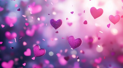 Poster - Floating Hearts and Confetti in a Romantic Pink and Purple Hued Background