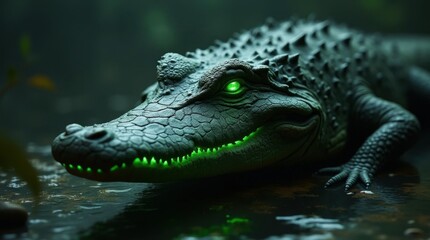 Wall Mural - Futuristic Crocodile Head with Glowing Green Details