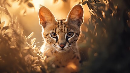 Wall Mural - A Curious Serval Cat Gazing through Foliage