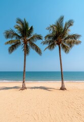 Naklejka na meble Serene Beach Scene with Two Palm Trees and Tranquil Ocean View under Clear Sky