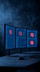 Aufkleber - Cutting-Edge Cybersecurity Display Triple Monitor Network Ops Center with Blue Digital Interface - Advanced Data Protection and Crisis Management for Tech Enterprises