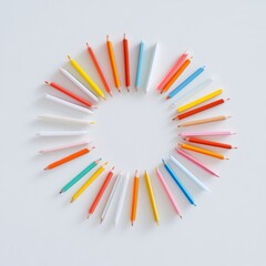 Poster - Colorful Abstract Pencil Art Multicolored Pencils in Circular Design on White Backdrop - Creativity Catalyst for Education and Dynamic Stationery Marketing