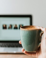 Aufkleber - Modern Digital Workspace Ceramic Mug and Virtual Meeting on Laptop - Cozy Urban Office Ambience for Remote Team Collaboration and Startup Innovation