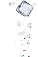 Poster - Ice cubes splashing into clear water creating ripples and bubbles in a refreshing scene isolated on transparent background.