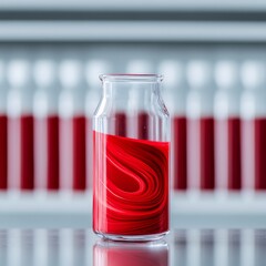 Poster - Contemporary Lab Aesthetic Vivid Red Liquid Swirls in Glass Jar on Steel Table - Chemical Manufacturing Innovation for Safe, Eco-Friendly Workplace Practices
