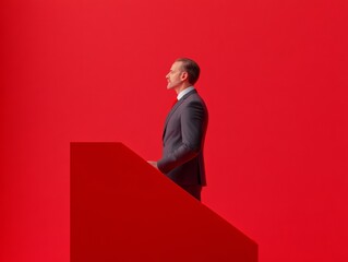 Poster - Minimalist Corporate Leadership Modern Speaker in Bold Red Backdrop and Sleek Suit - Engaging Communication Strategy for Business Events and Digital Branding