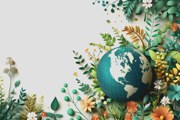 Wall Mural - Globe surrounded by colorful flowers and green leaves on a white background representing nature and global awareness