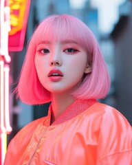 Poster - Neon Urban Aesthetic Young Korean Woman with Pink Hair and Reflective Jacket in City Alley - K-pop Style, Street Fashion and Youthful Nightlife Branding
