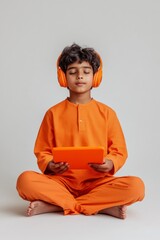 Poster - Vibrant EdTech Session Young Indian Boy in Bright Orange Attire with Tablet and Headphones - Interactive E-Learning Experience for Modern Educational Landscapes