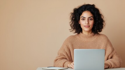 Fototapete - Scandinavian Minimalism in EdTech Young Indian Woman with Laptop at Desk - Elevate Remote Learning with Chic Workspace Design and Digital Academic Solutions