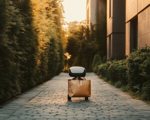 Poster - Robotic Home Assistant Navigates Cobblestone Pathway with Groceries Sustainable Smart Living in Modern Residential Architecture