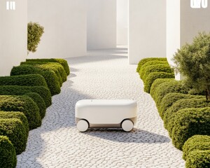Poster - Eco-Friendly Robotics Modern Service Bot on Textured Cobblestones in Green Suburban Pathway - Smart Home Integration and Sustainable Urban Transport Solutions